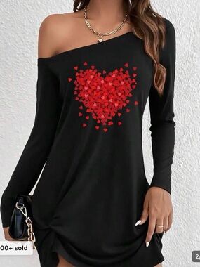 Black Off-Shoulder Heart Mini Dress - Red Heart Graphic